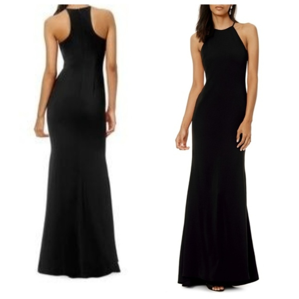 Badgley Mischka Black Crepe Racer Halter Gown